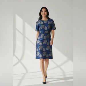 S Pearl Fitted Dress Blue w Silver Roses Size  4
